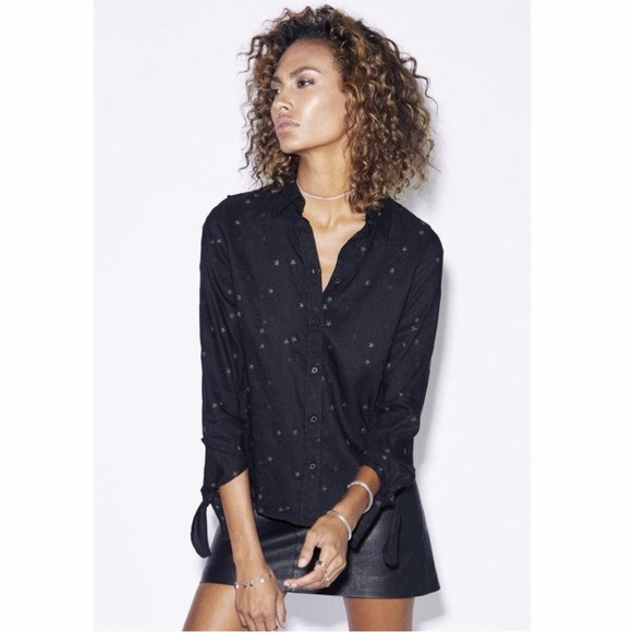 Rails Tops - Rails Robyn Linen Blend Black Embroidered Stars Top